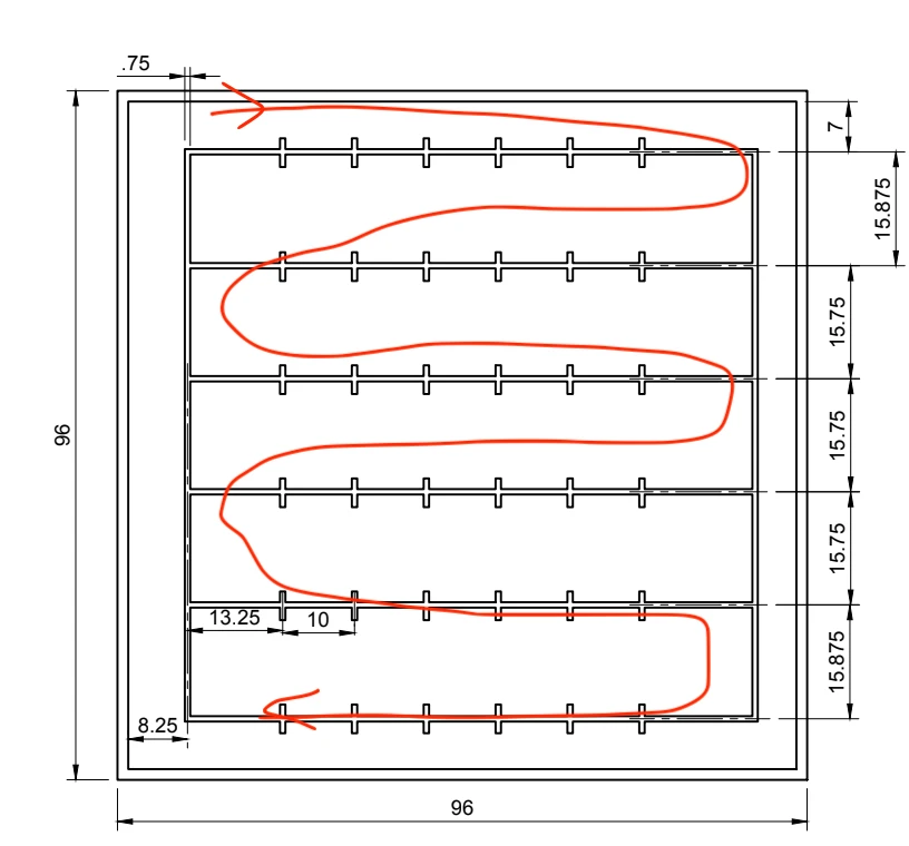 Competition board drawing with dimensions in inches and the serpentine route drawn in red