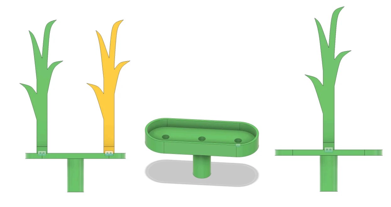 CAD models of the competition plants: a double stand with a green and a yellow plant, the plant holder, and a single green plant